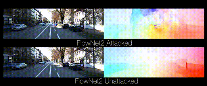 FlowNet2 with and without the patch attack.